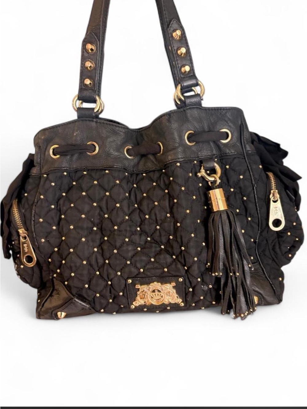 Juicy Couture Black Quilted Studded Leather Tassel Shoulder Bag Y2K Gold Crown